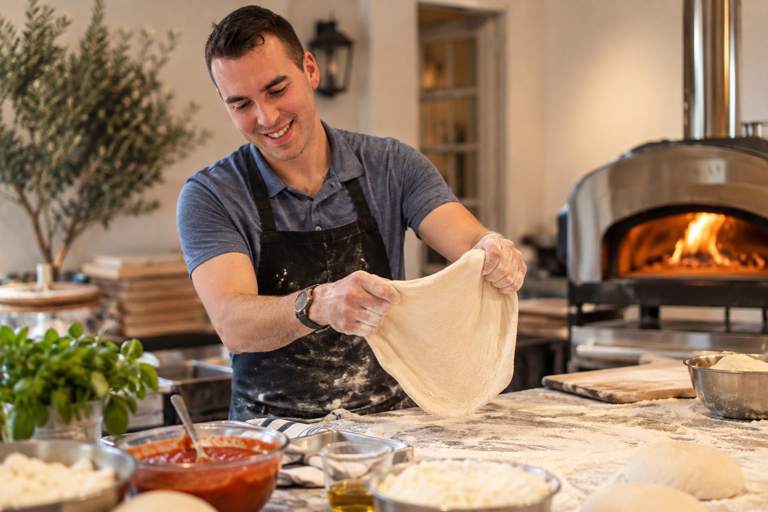 Stretching dough with the pizza oven fired up behind