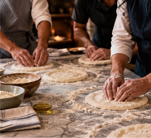 A group shaping pizza dough together at a floured table