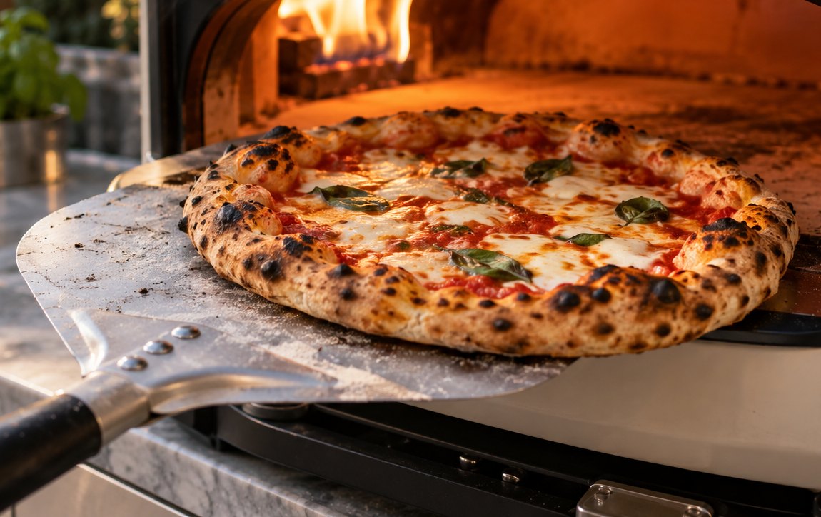 A blistered pizza coming out of a hot oven