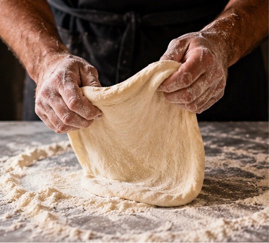 Floured hands stretching pizza dough