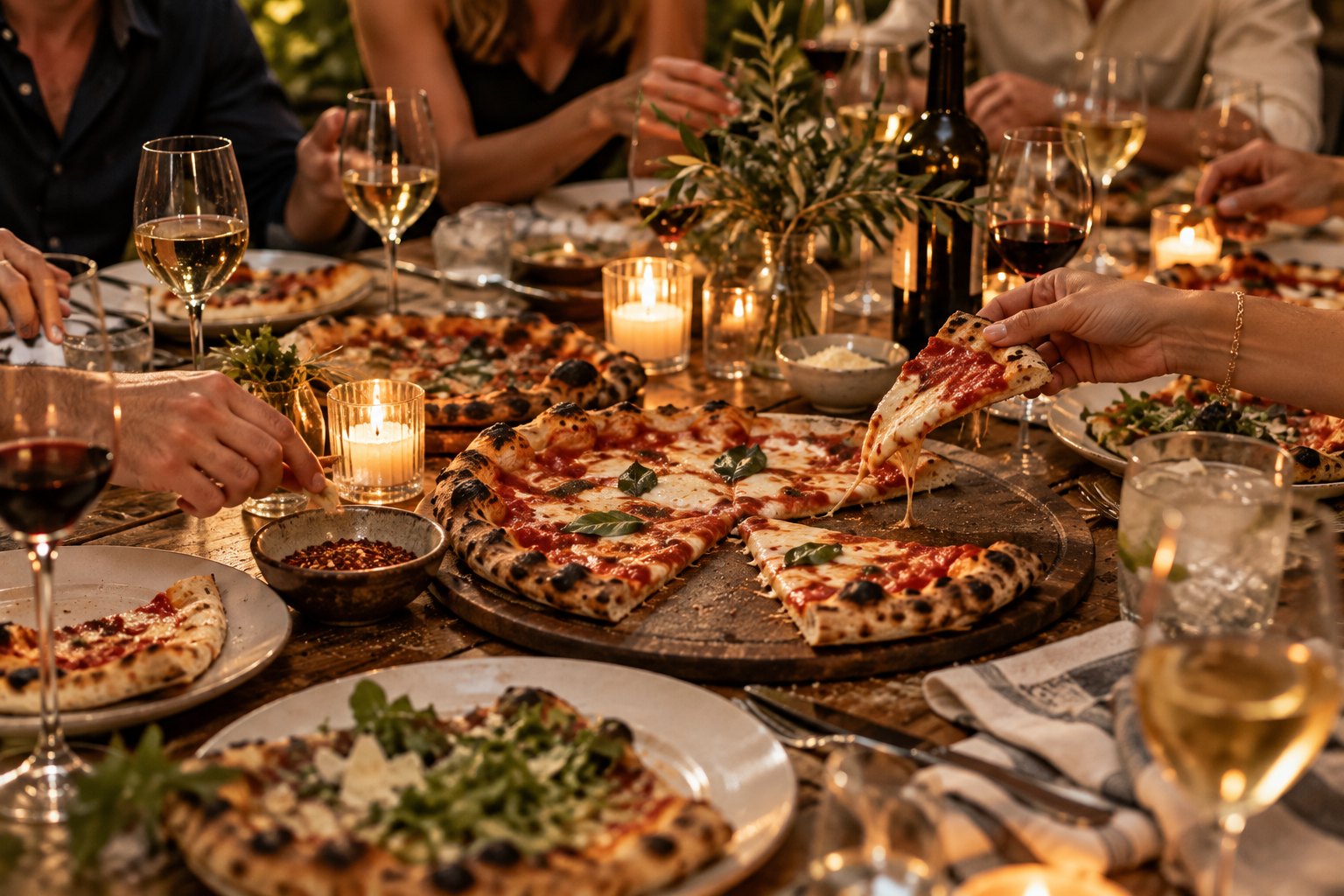 Friends sharing pizza and wine at a candlelit table